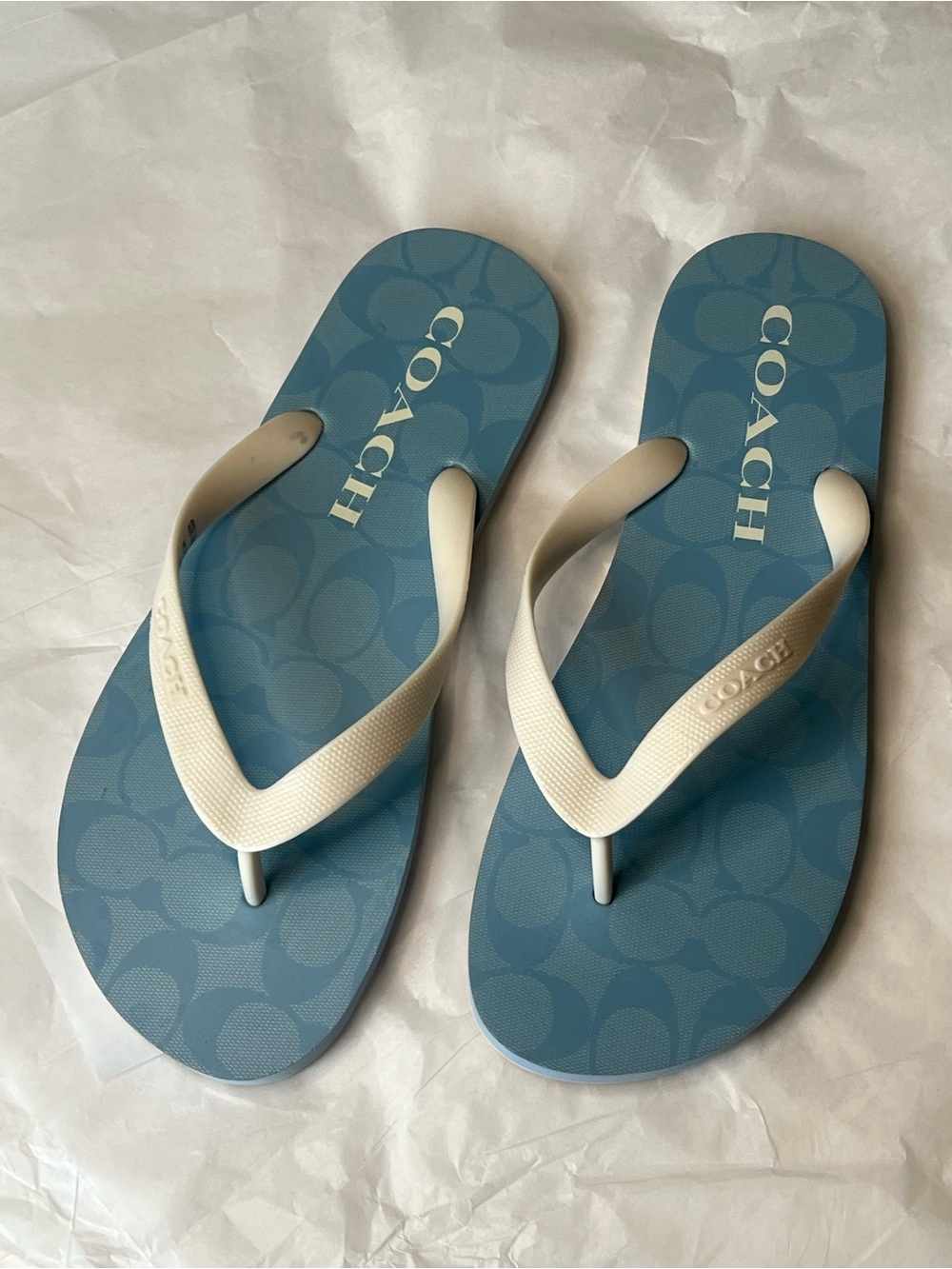 Coach Zak Blue Logo Flip Flops with Cream Straps